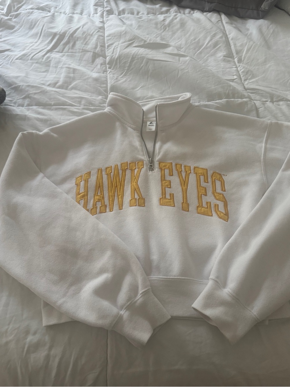 HAWK EYES White Quarter-Zip Sweatshirt with Gold Embroidery